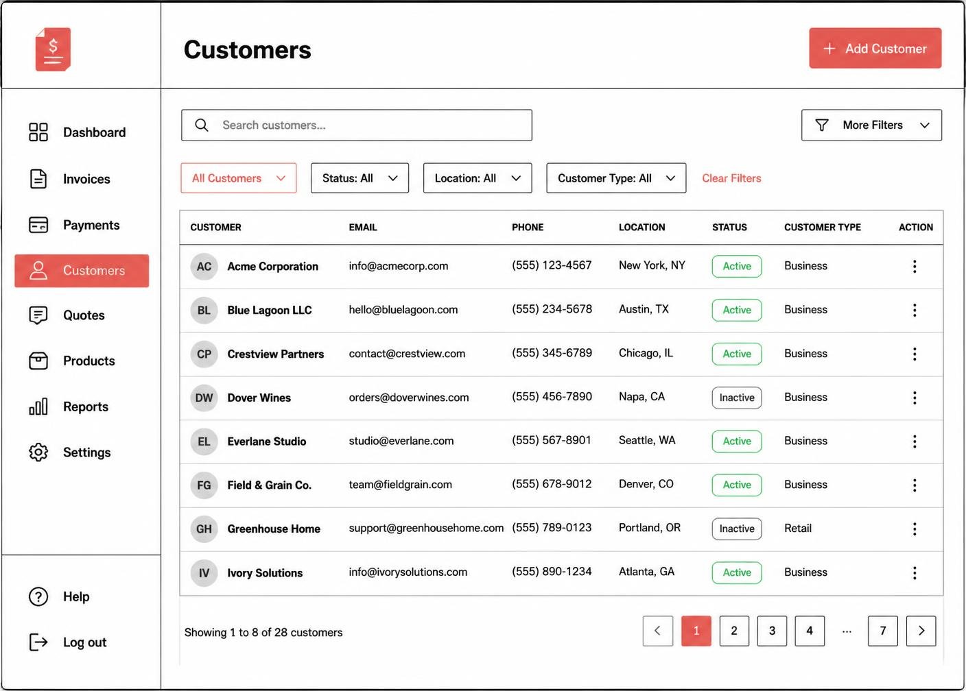 Customer records preview listing demo client names, contact details and status