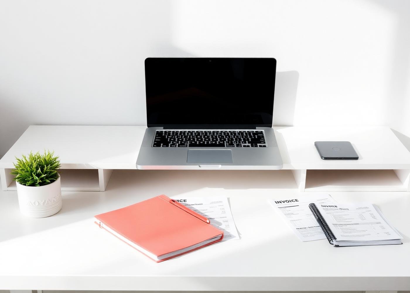 A bright freelancer desk with a laptop and printed invoices