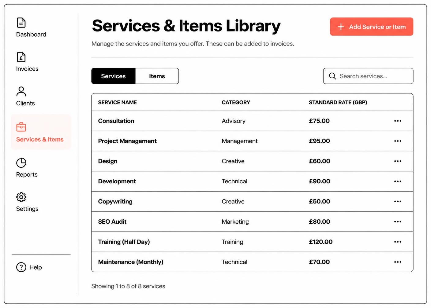 Service and item library preview